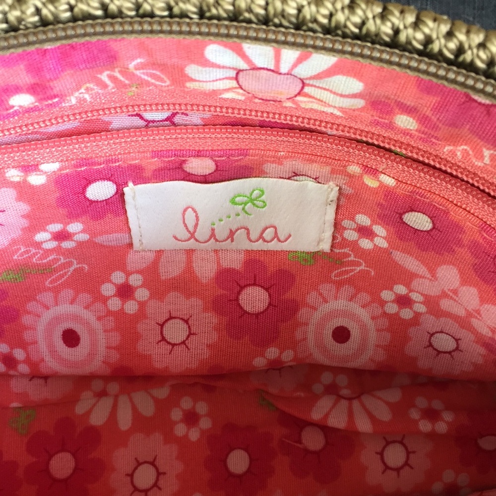 Lina Purse Bag Tan Pink Floral Lining Braided Strap Small - Picture 3 of 5